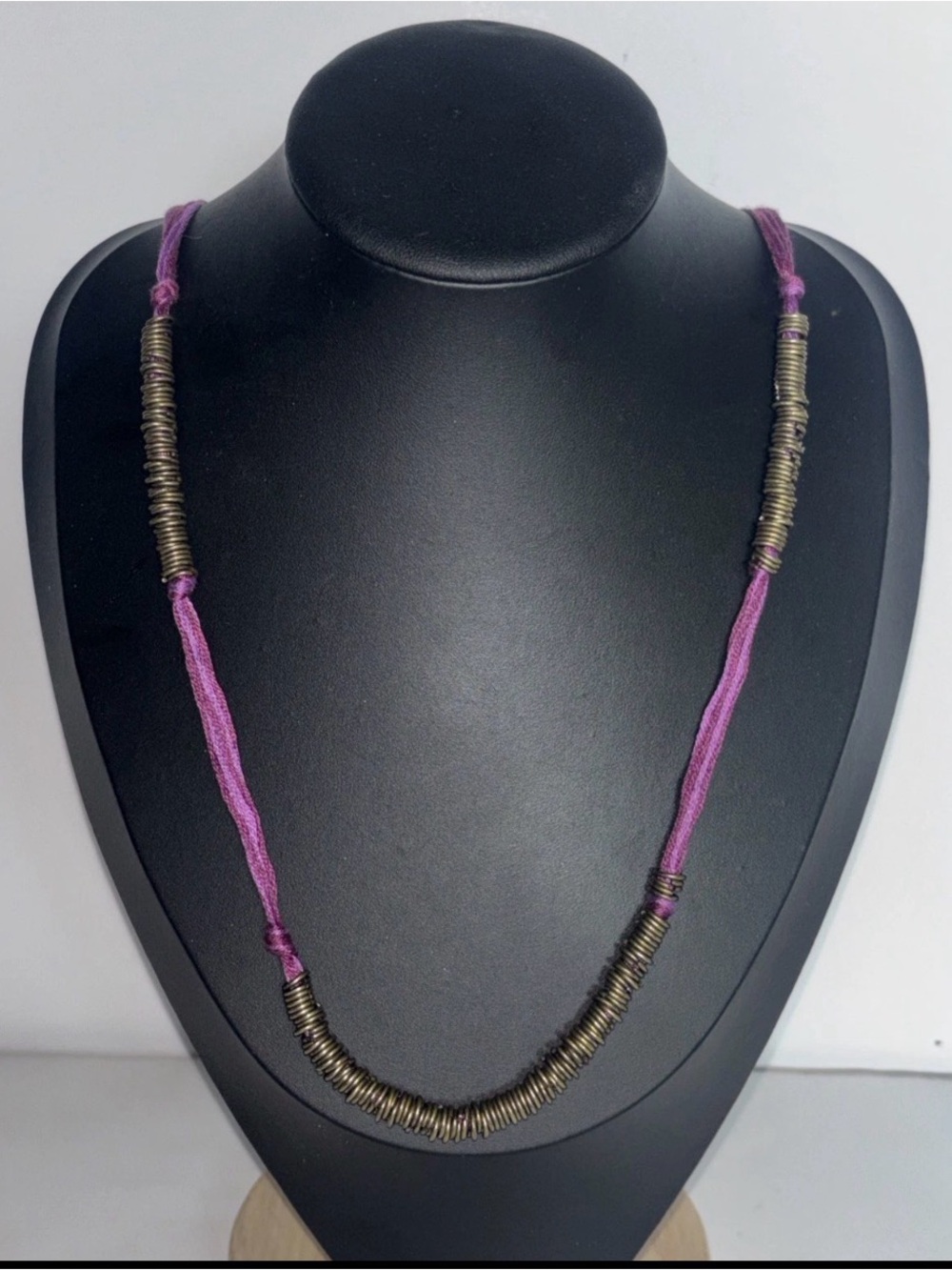 Vintage Y2K Purple‎ Thread & Brass Coil Necklace Boho Grunge Long Cord Necklace